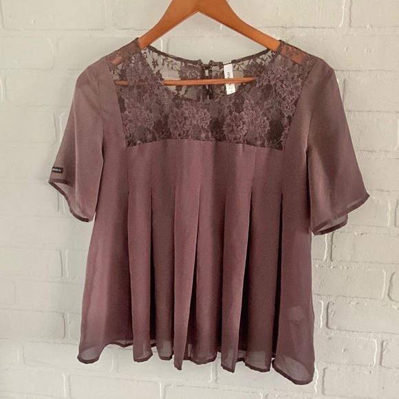 RVCA Blouse Coquette Darling Boho chocolate brown lace short sleeve M - Picture 5 of 12